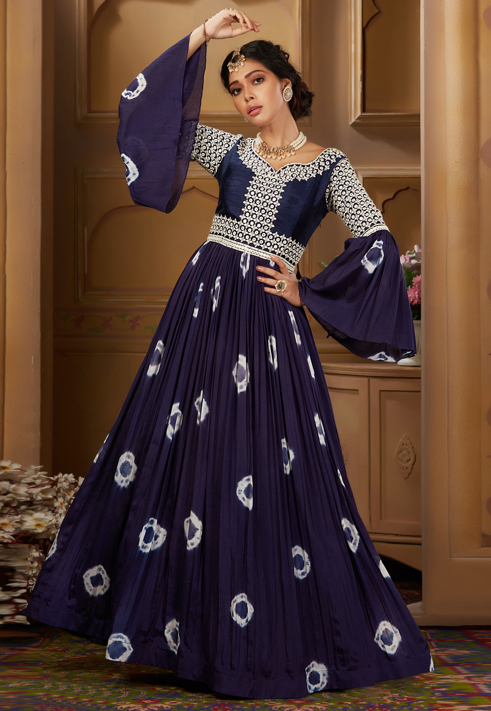 Navy Blue Chinon Readymade Long Anarkali Suit 211305