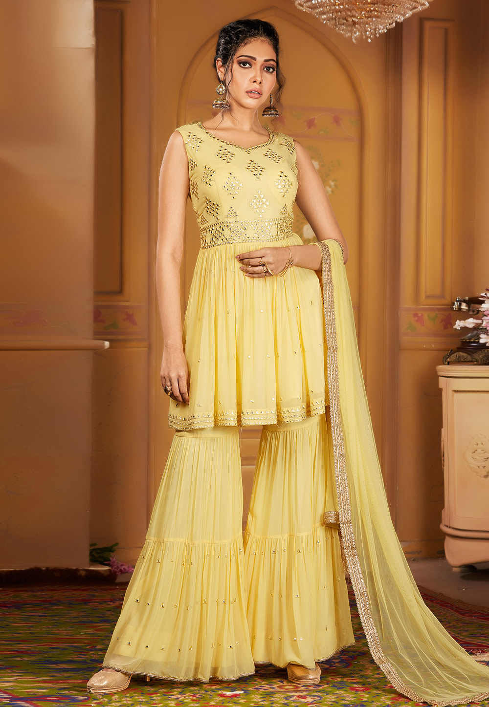 Yellow Georgette Readymade Sharara Suit 211308