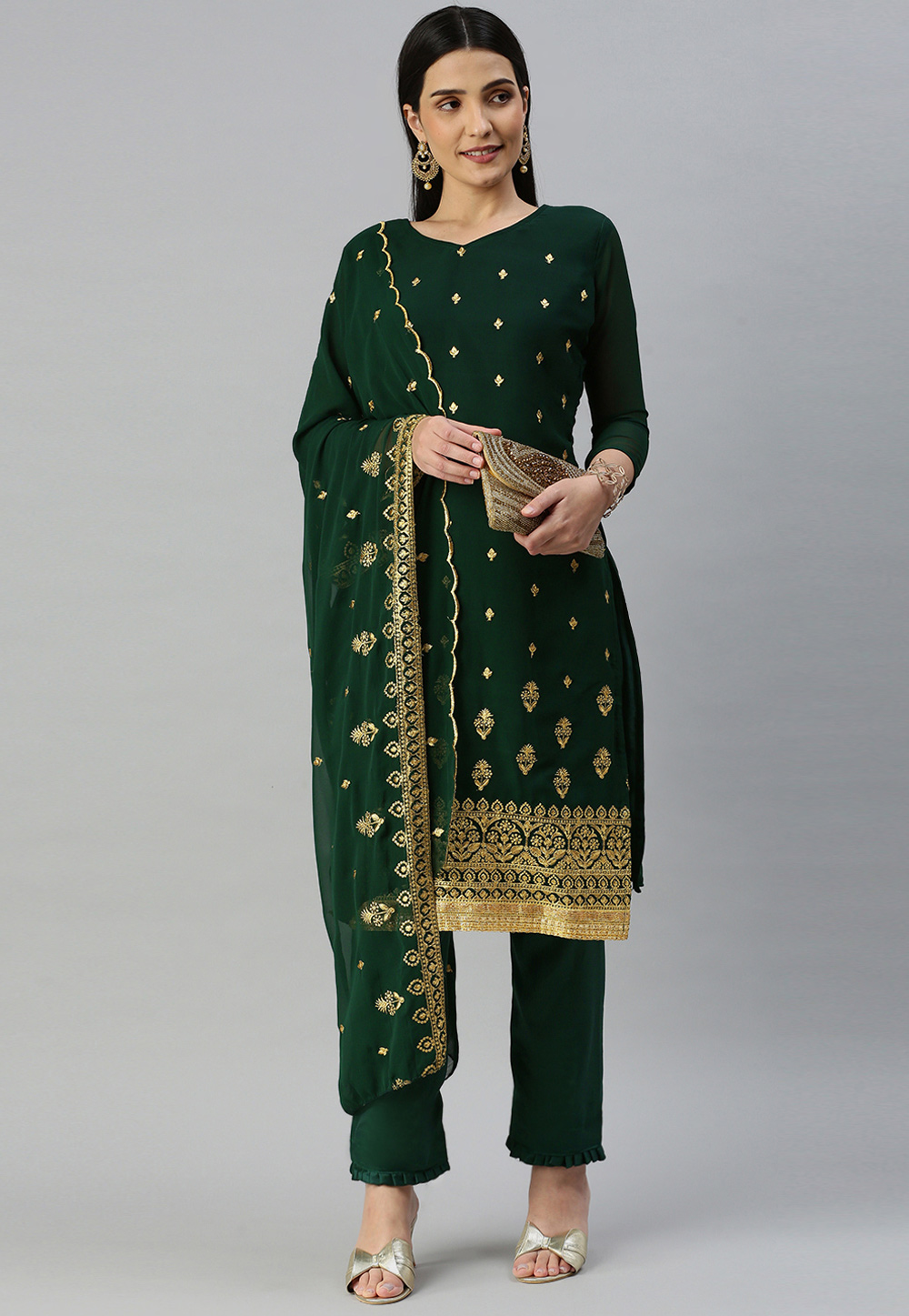 Green Georgette Pant Style Suit 258964