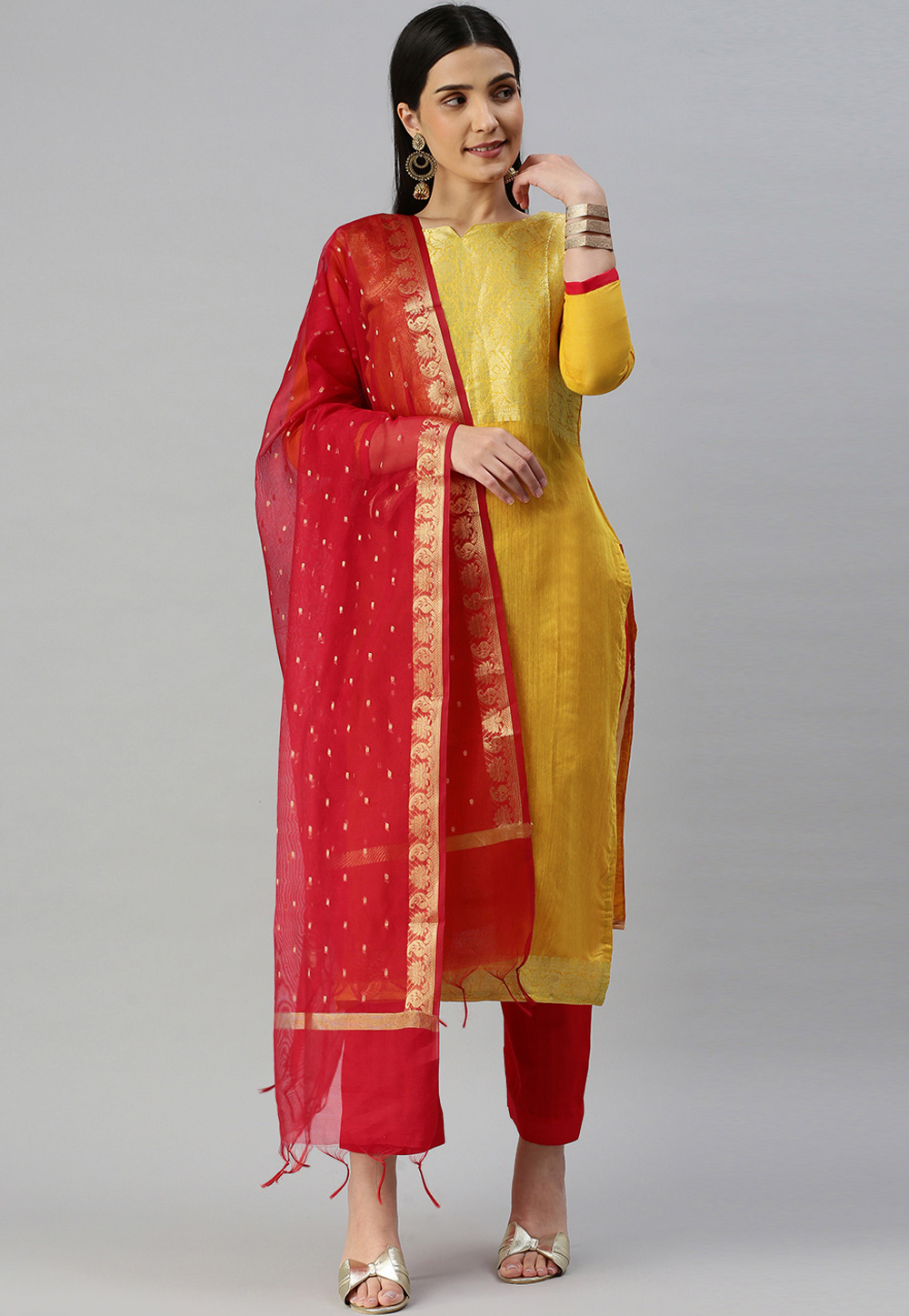 Yellow Banarasi Silk Pakistani Suit 258979