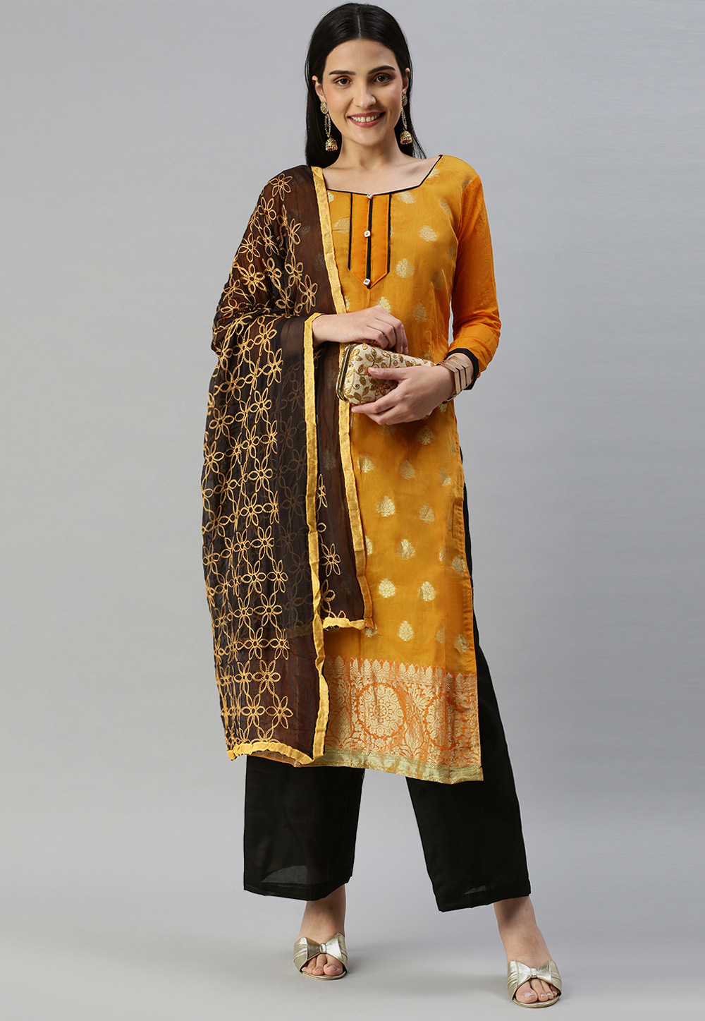 Mustard Banarasi Silk Pant Style Suit 258980