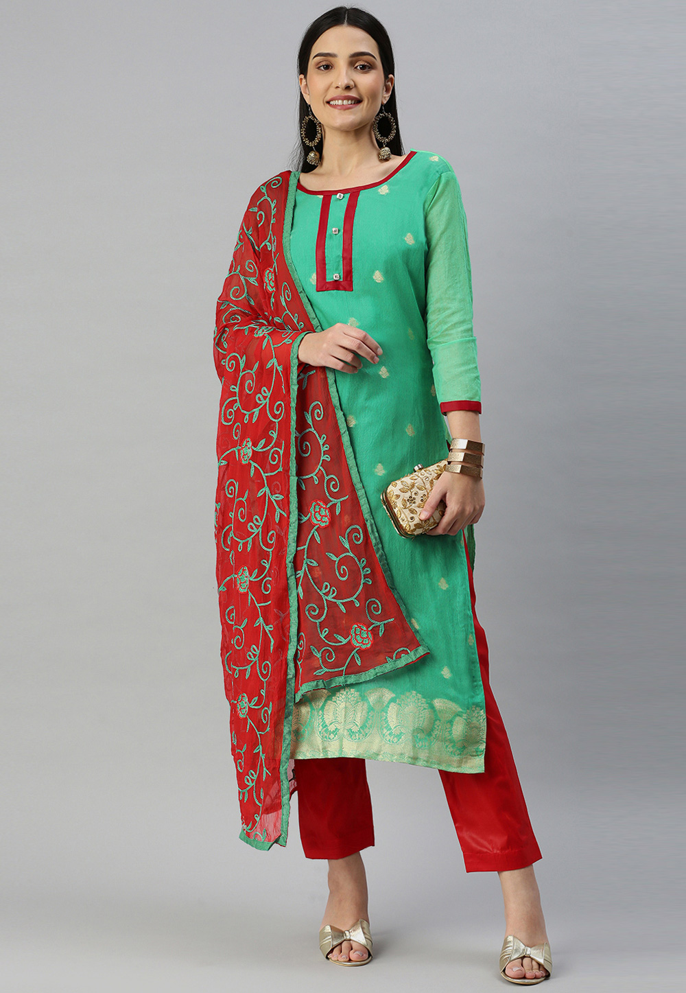 Light Green Banarasi Silk Pakistani Suit 258981