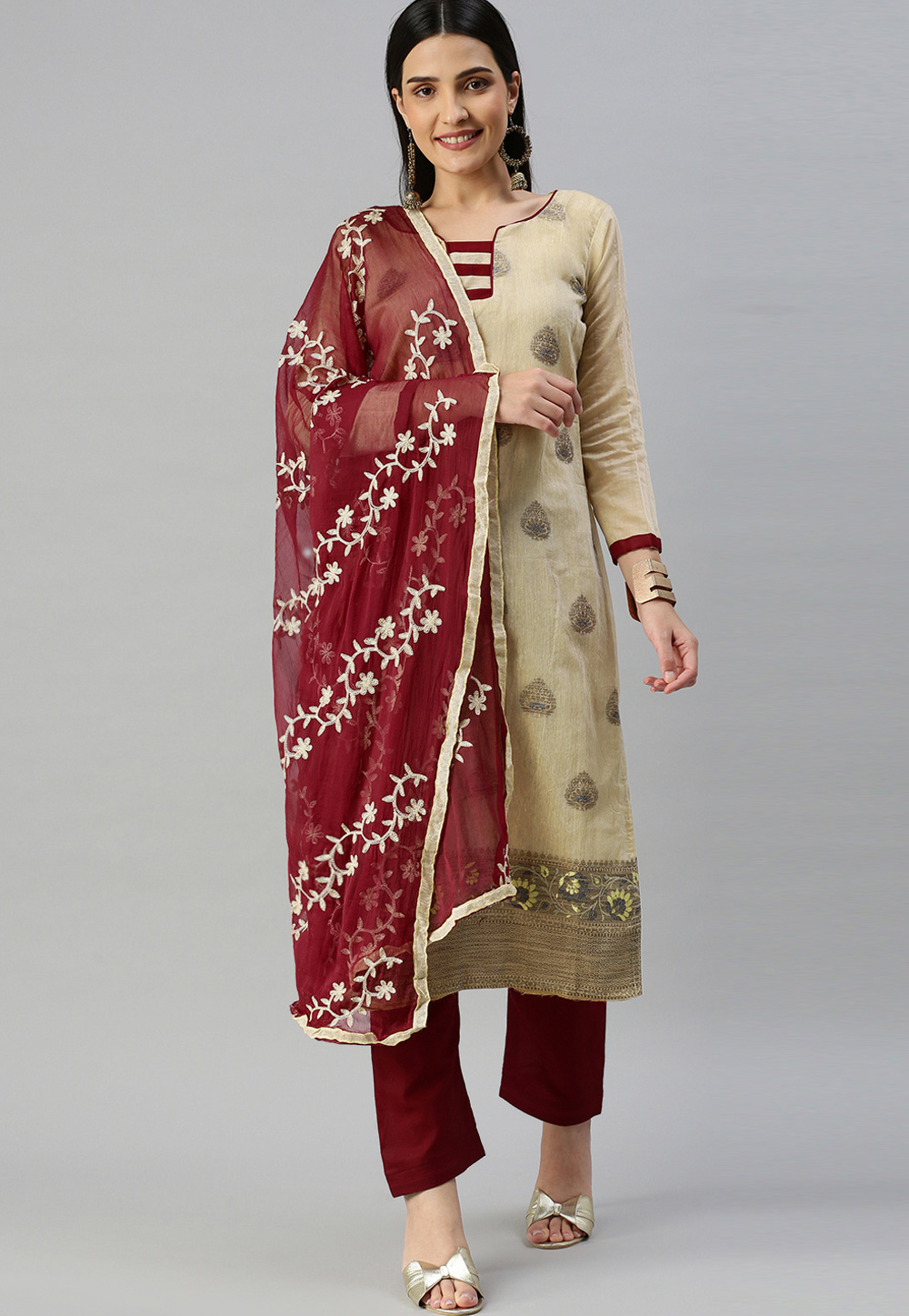 Beige Banarasi Silk Pant Style Suit 258982