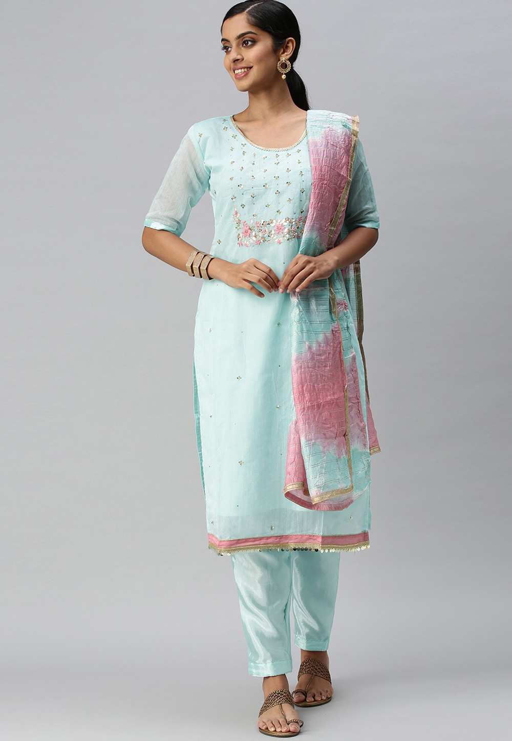 Sky Blue Chanderi Pant Style Suit 258998