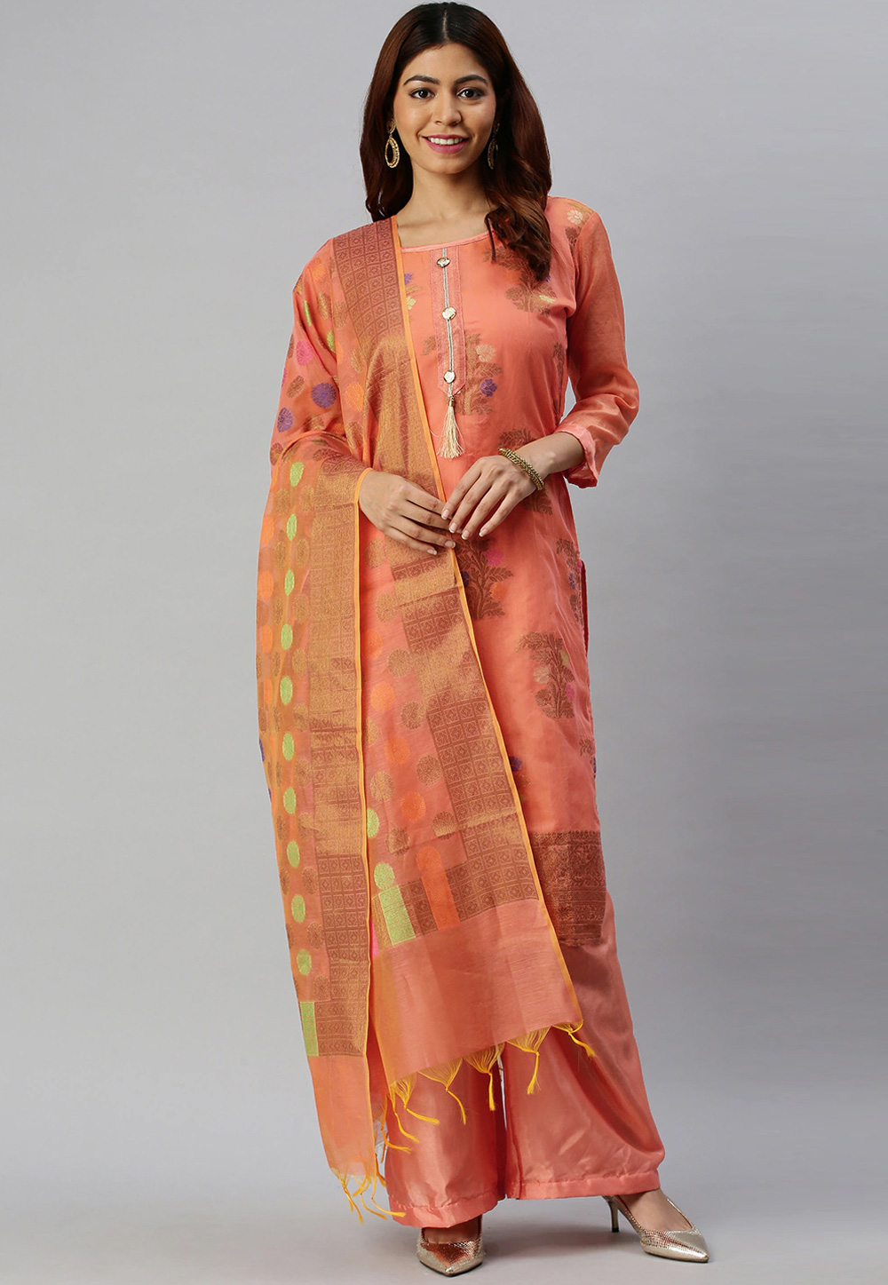 Peach Banarasi Silk Palazzo Suit 259001