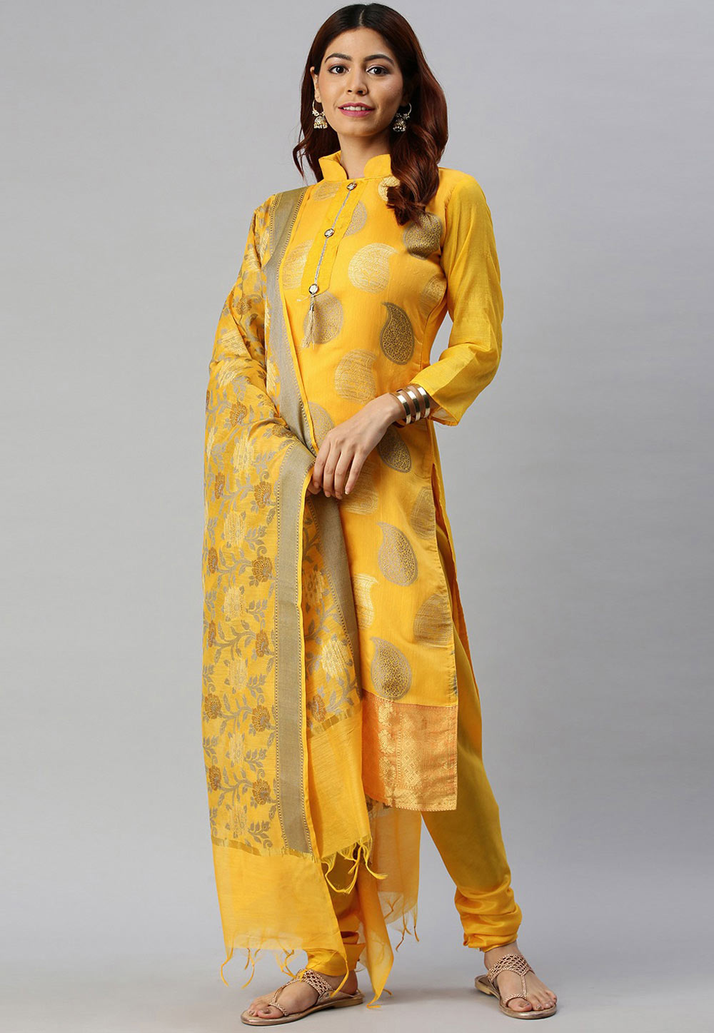 Yellow Banarasi Silk Churidar Salwar Suit 259006