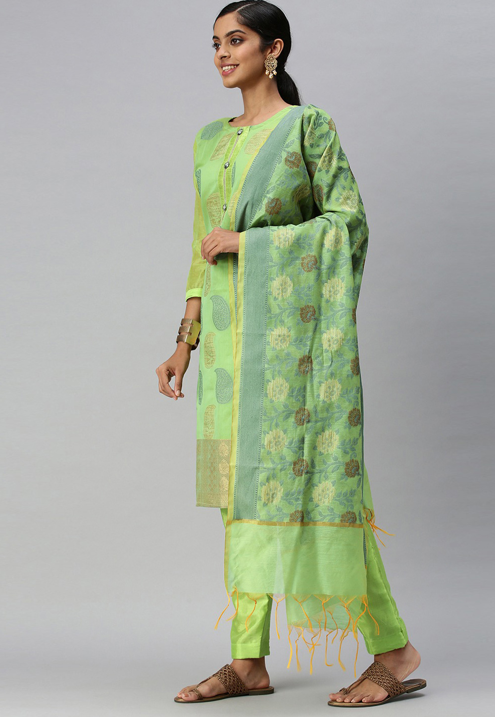 Light Green Banarasi Silk Pant Style Suit 259007