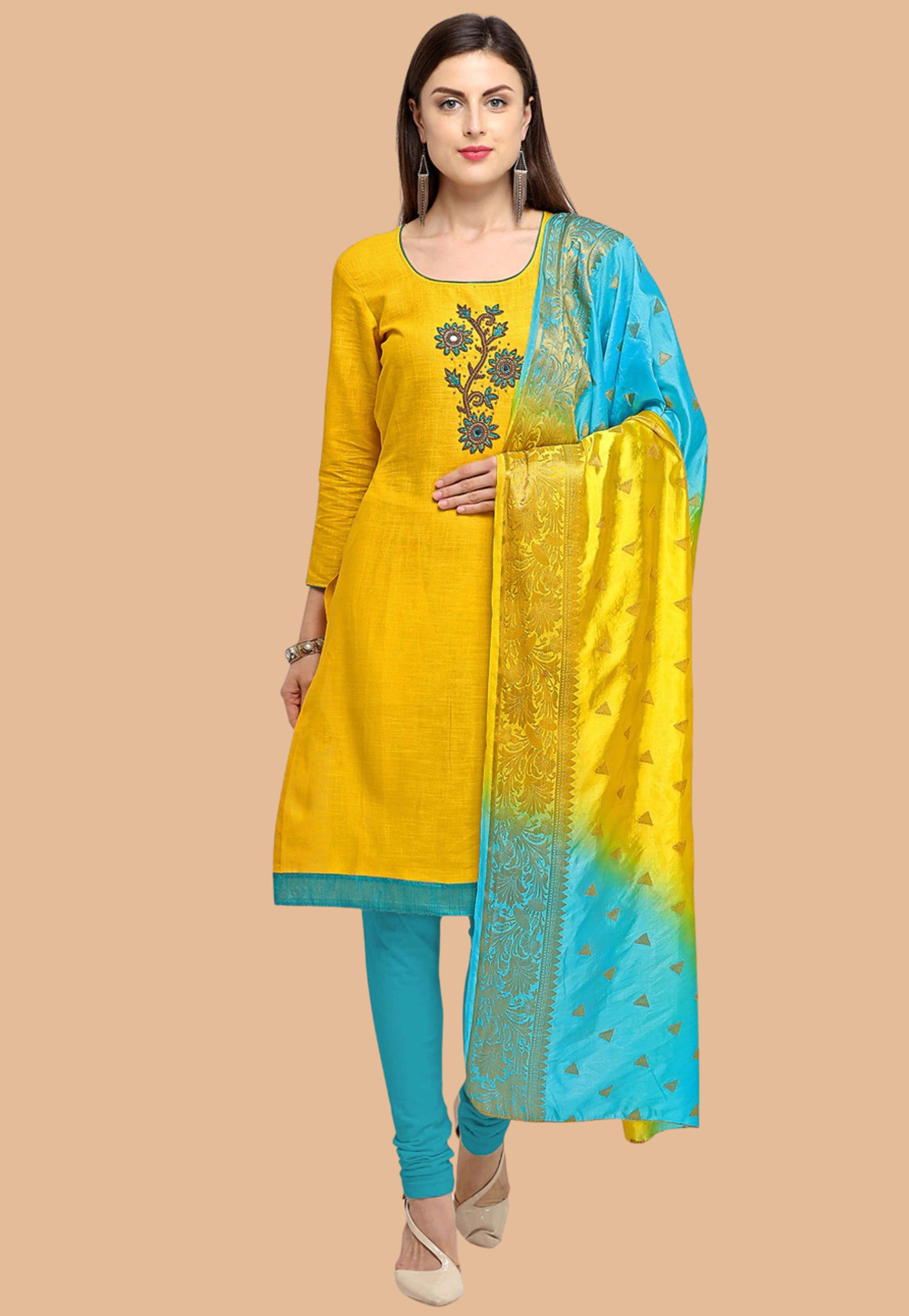 Yellow Cotton Churidar Salwar Suit 259008