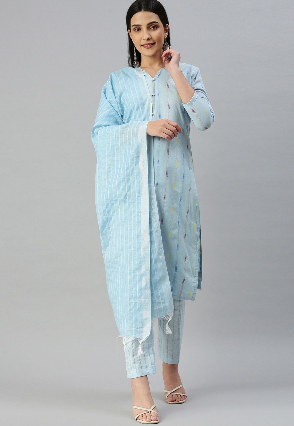 Sky Blue Cotton Jacquard Pant Style Suit 259013