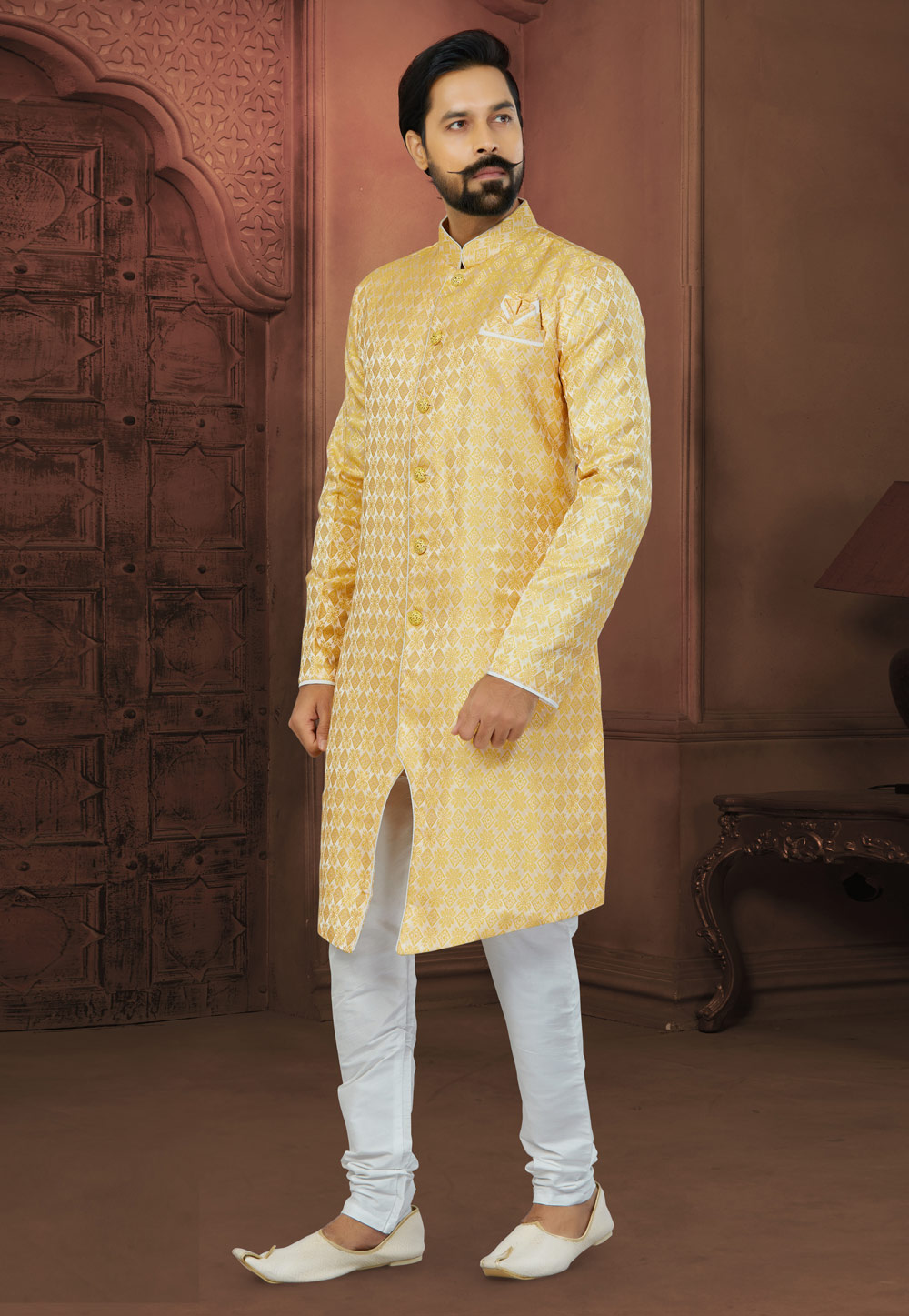 Yellow Banarasi Jacquard Indo Western Sherwani 269878