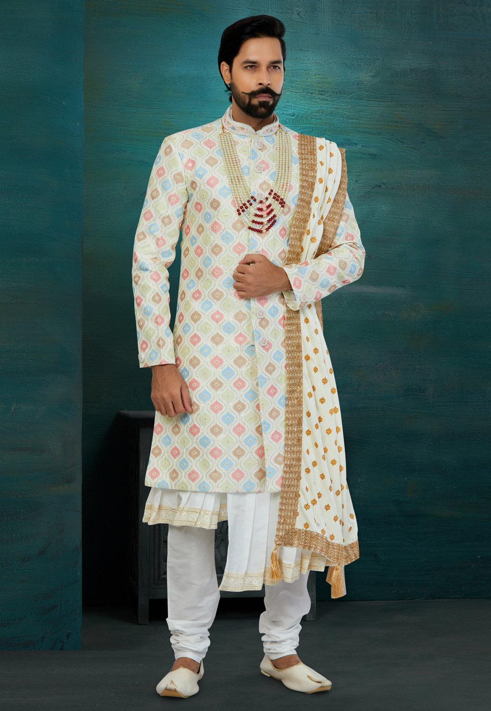 Off White Banarasi Jacquard Jacket Style Sherwani 269903