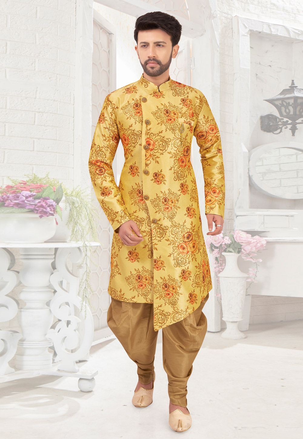 Yellow Art Silk Readymade Sherwani 185427