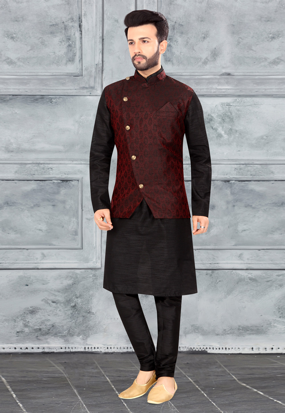 Black and White Kurta Pajama with Modi Style Jacket RL6879222