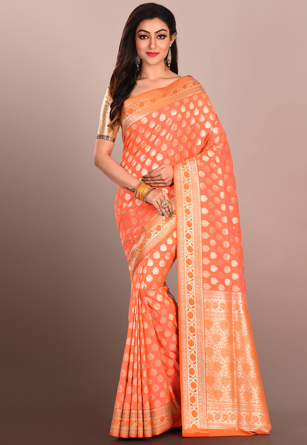 Orange Banarasi Silk Saree With Blouse 170209