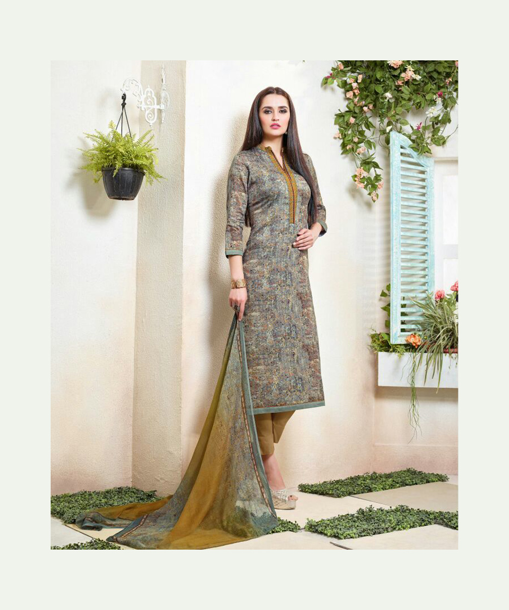 Beige Cotton Satin Pakistani Style Suit 68577