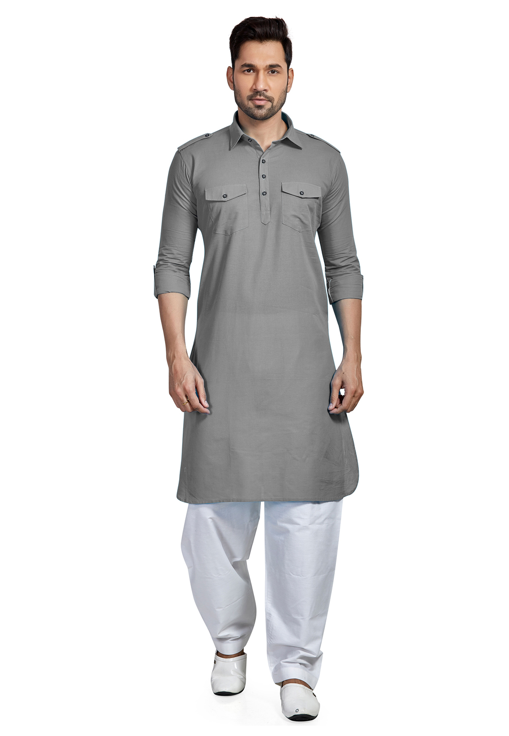 Grey Cotton Readymade Pathani Suit 265917