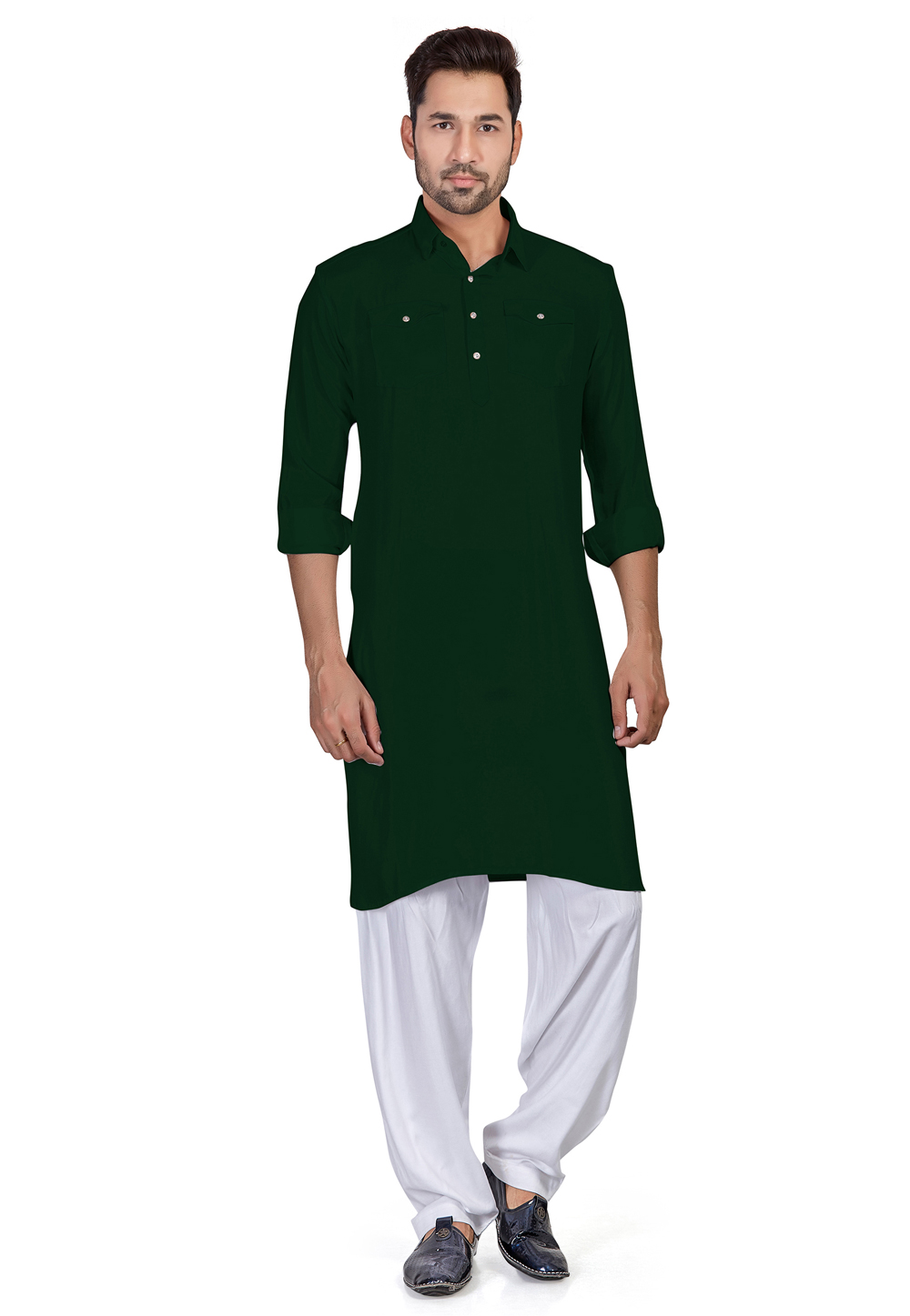Green Cotton Readymade Pathani Suit 265919