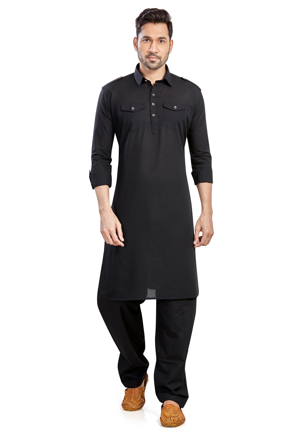 Black Cotton Readymade Pathani Suit 265922
