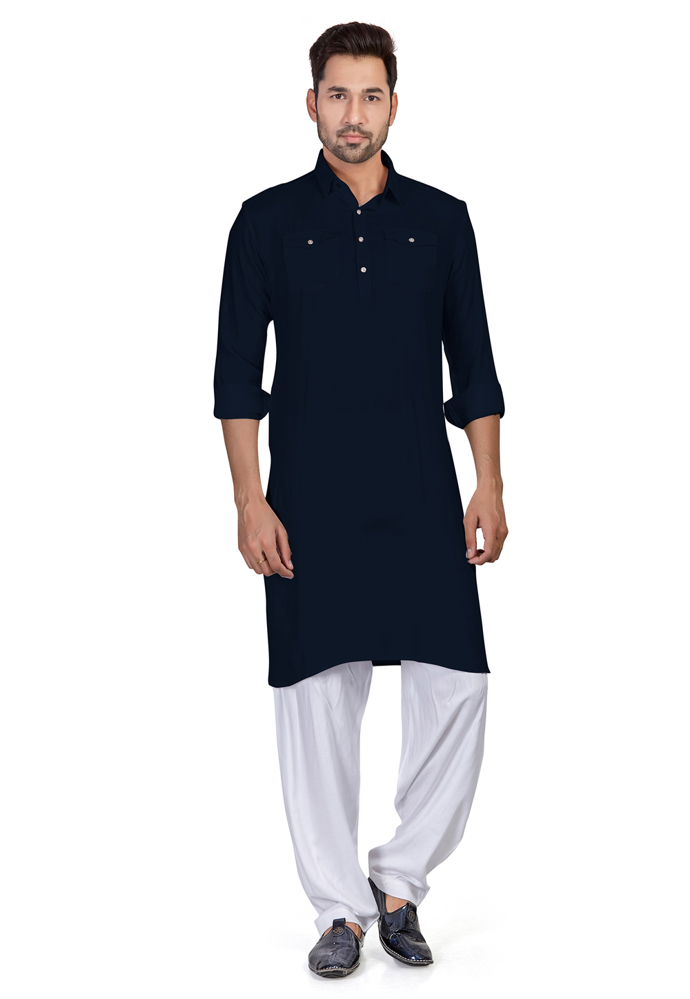 Navy Blue Cotton Readymade Pathani Suit 265923