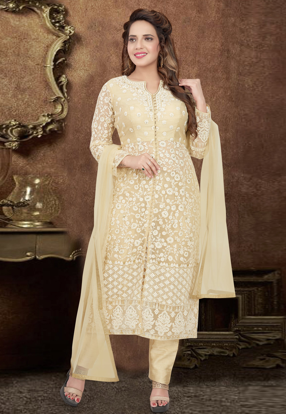 Cream Net Readymade Pant Style Suit 208341