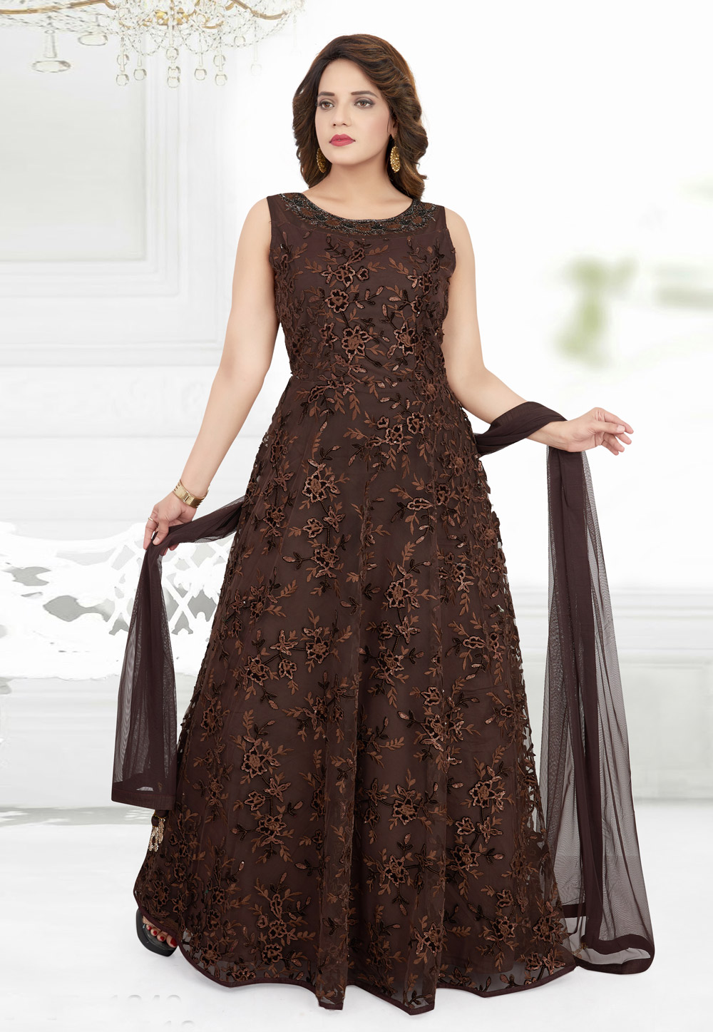 Brown Net Readymade Floor Length Anarkali Suit 208365