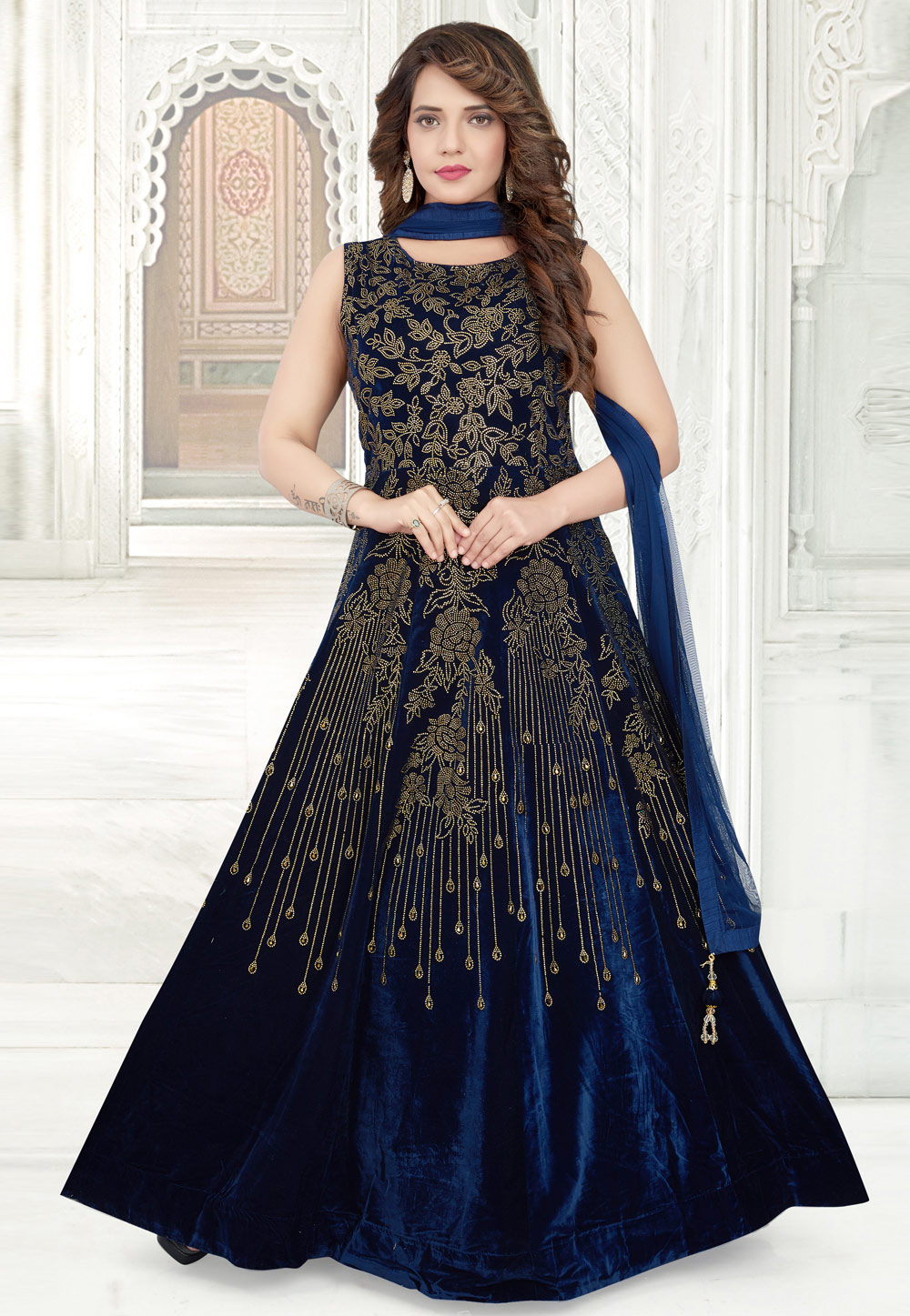 Blue Velvet Readymade Abaya Style Anarkali Suit 208756