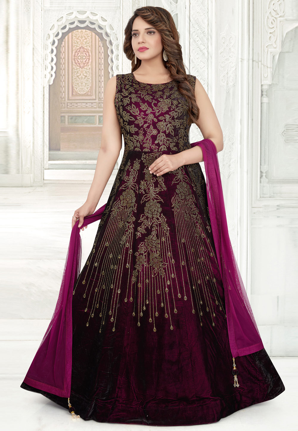 Purple Velvet Readymade Floor Length Anarkali Suit 208757
