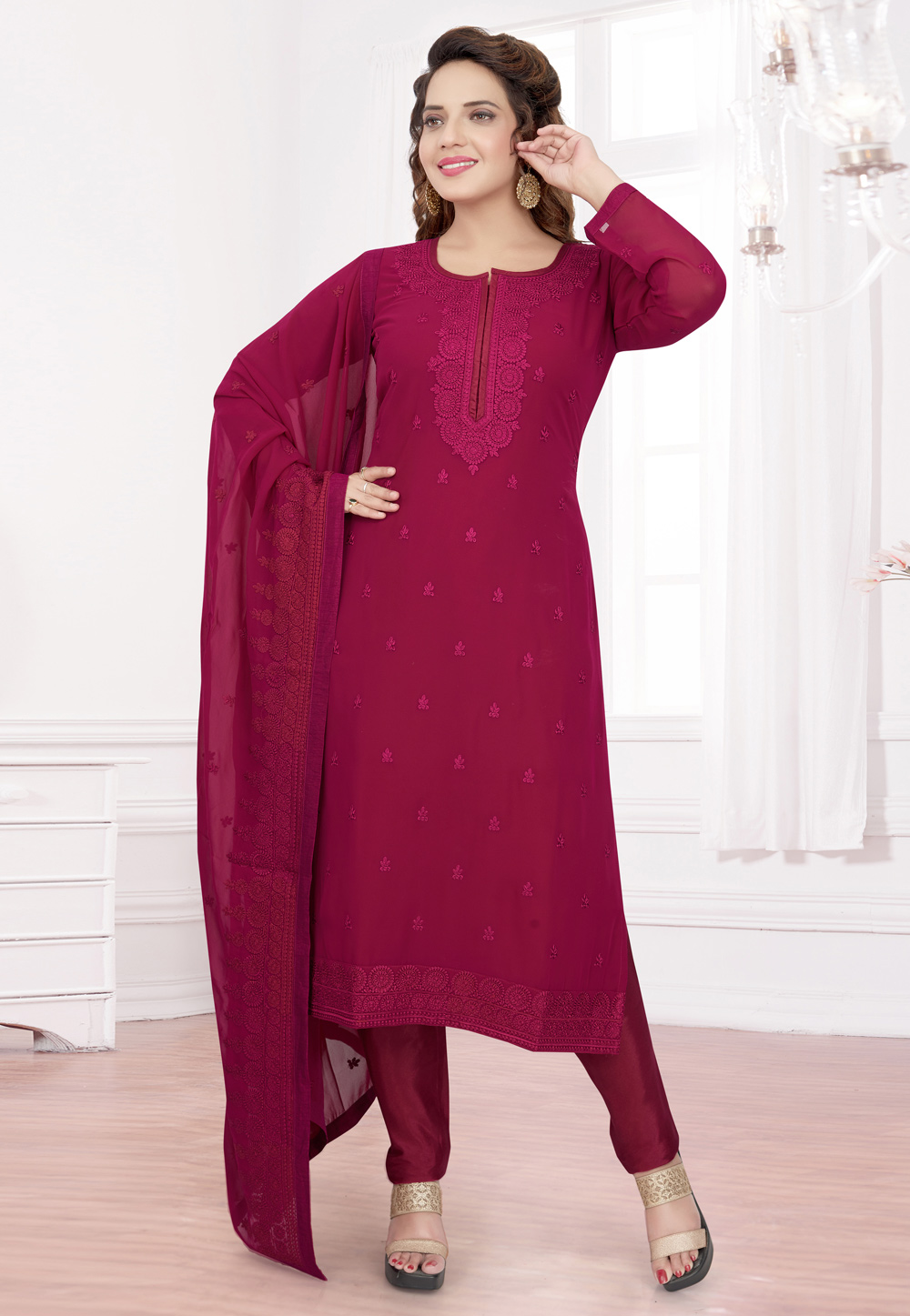 Magenta Georgette Readymade Pant Style Suit 208758