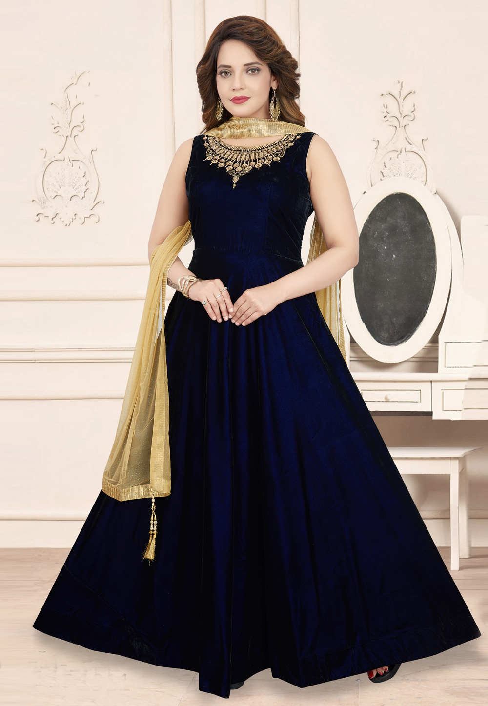 Navy Blue Velvet Readymade Abaya Style Anarkali Suit 208368