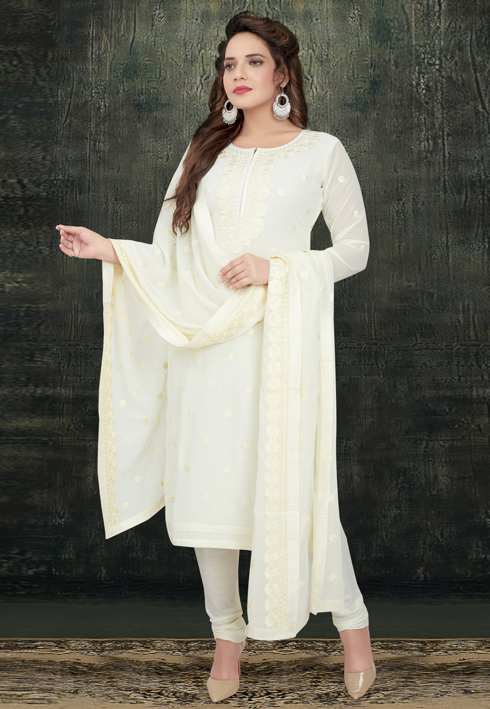 Off White Georgette Readymade Churidar Suit 208343