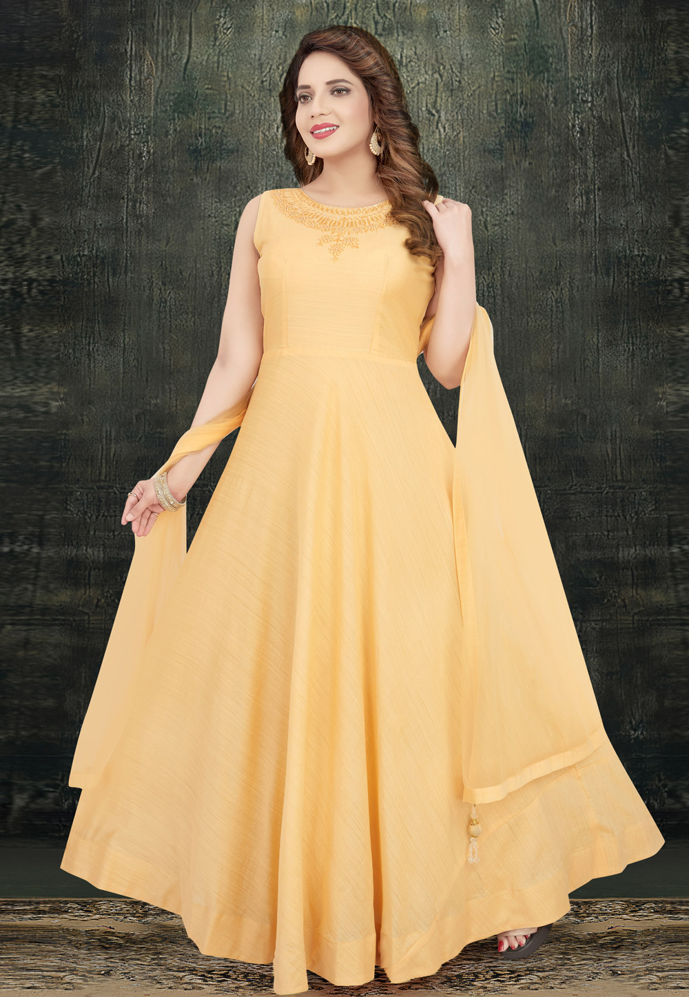 Light Yellow Silk Readymade Ankle Length Anarkali Suit 208345