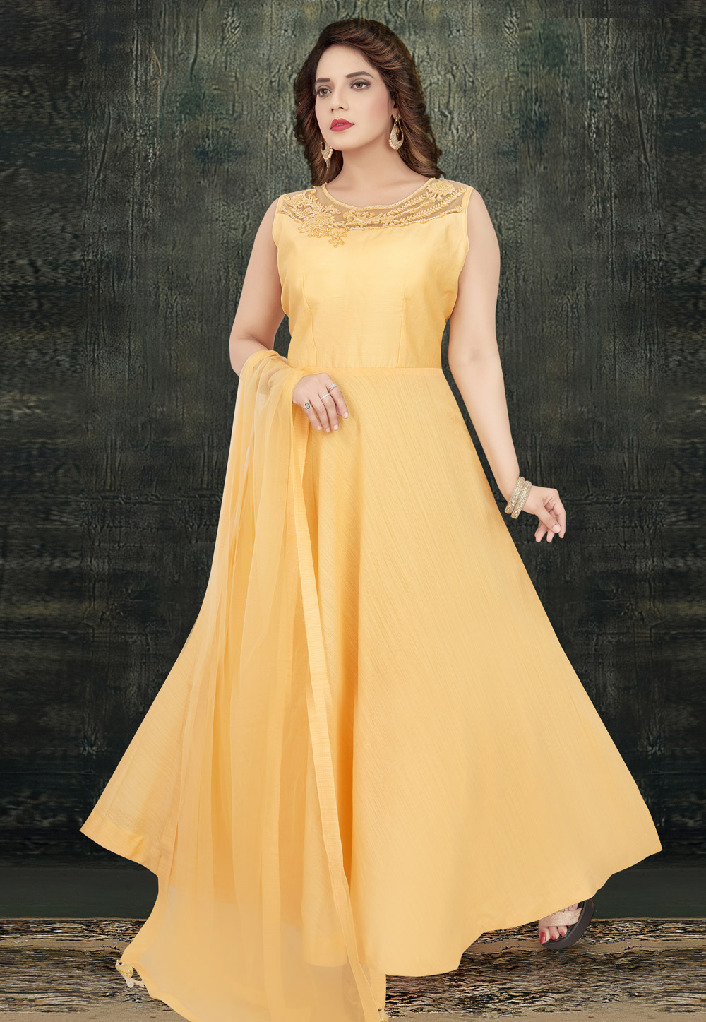 Light Yellow Silk Readymade Long Anarkali Suit 208347
