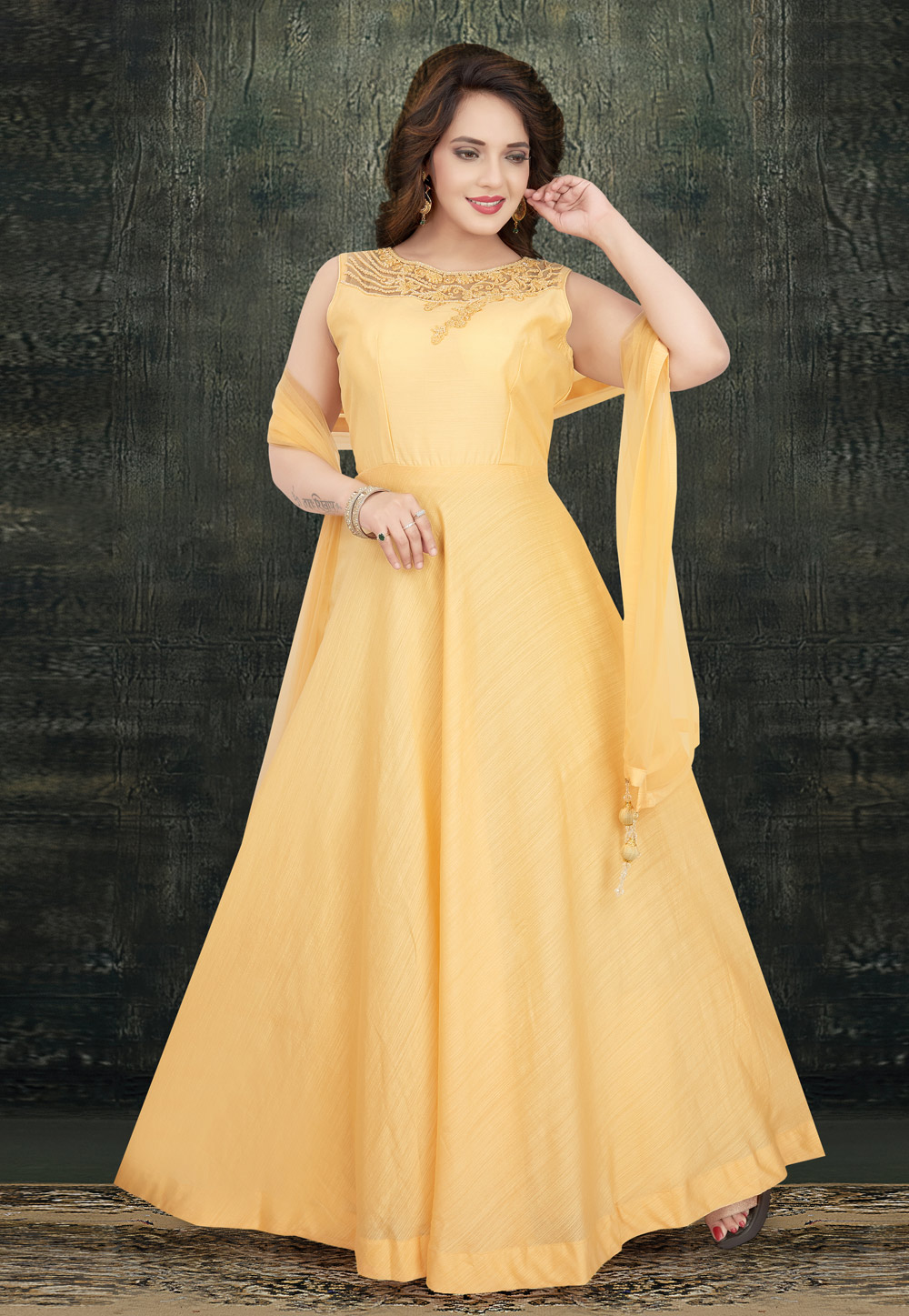 Light Yellow Art Silk Readymade Abaya Style Anarkali Suit 208601