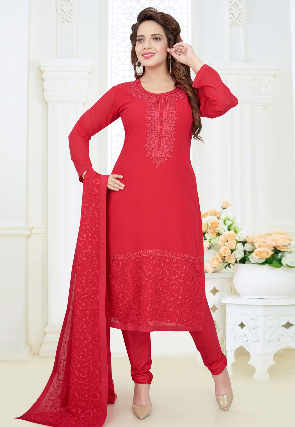 Red Georgette Readymade Churidar Suit 208348
