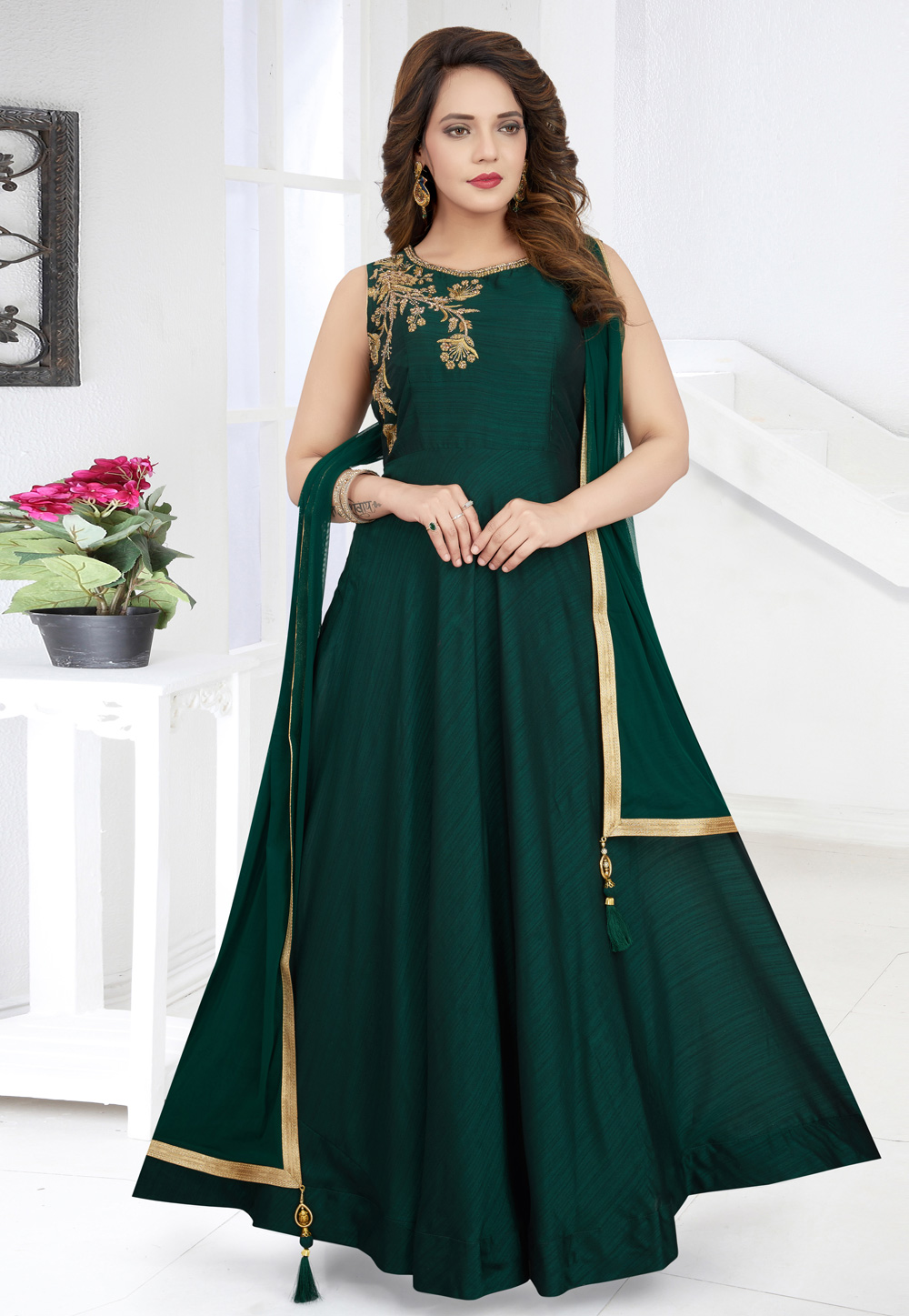 Green Silk Readymade Floor Length Anarkali Suit 208603