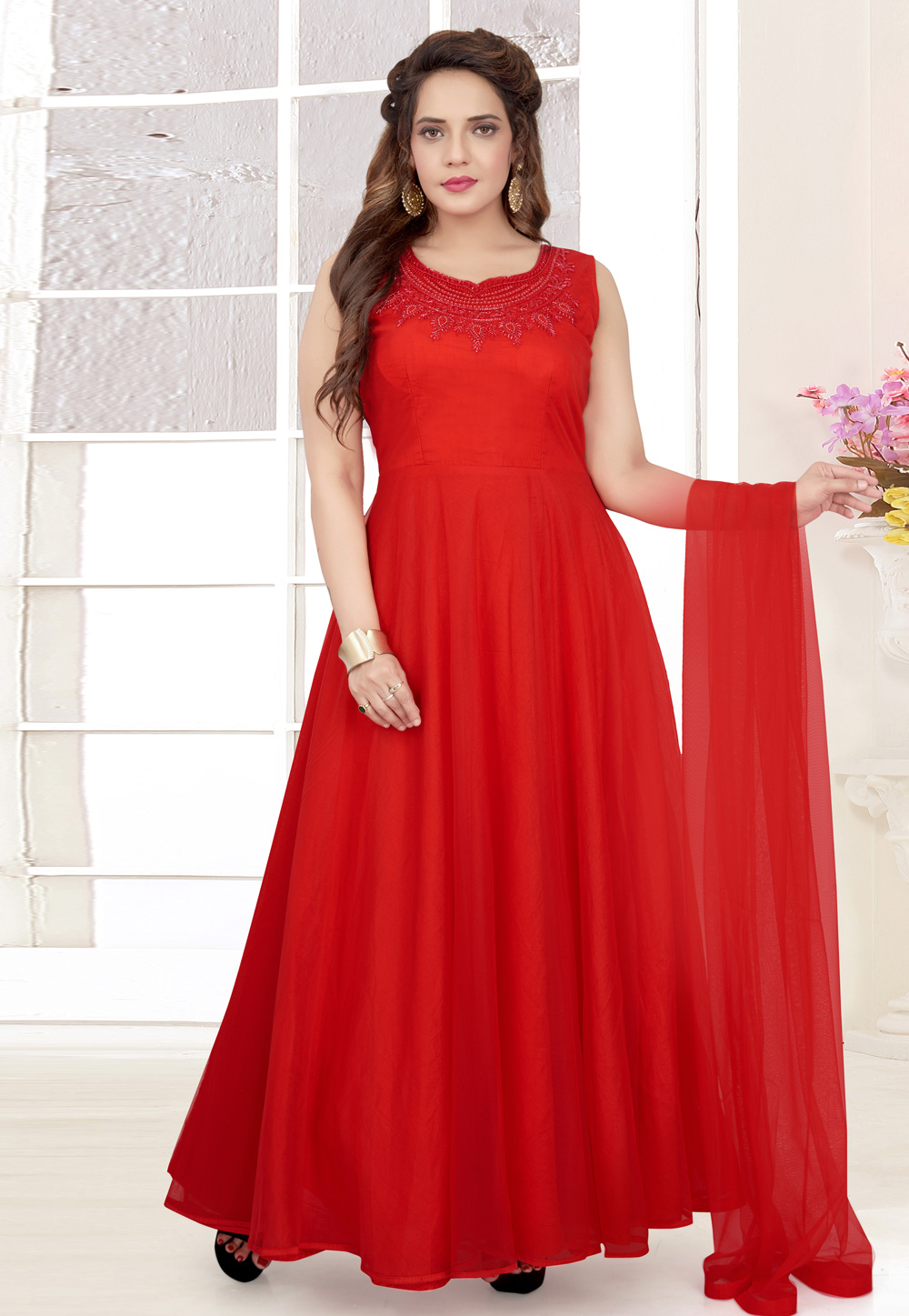 Red Net Readymade Ankle Length Anarkali Suit 208762