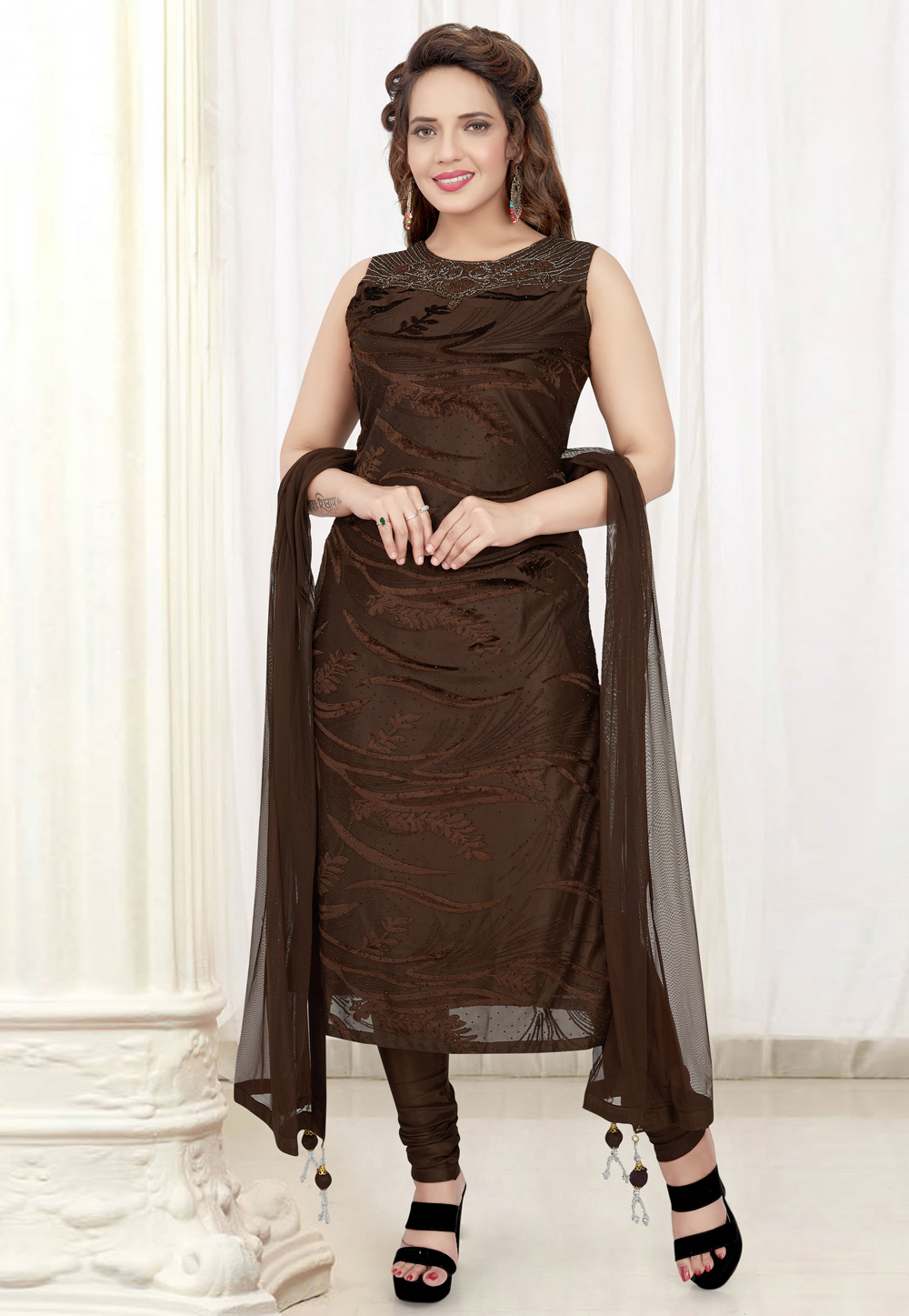 Brown Velvet Readymade Churidar Suit 208352