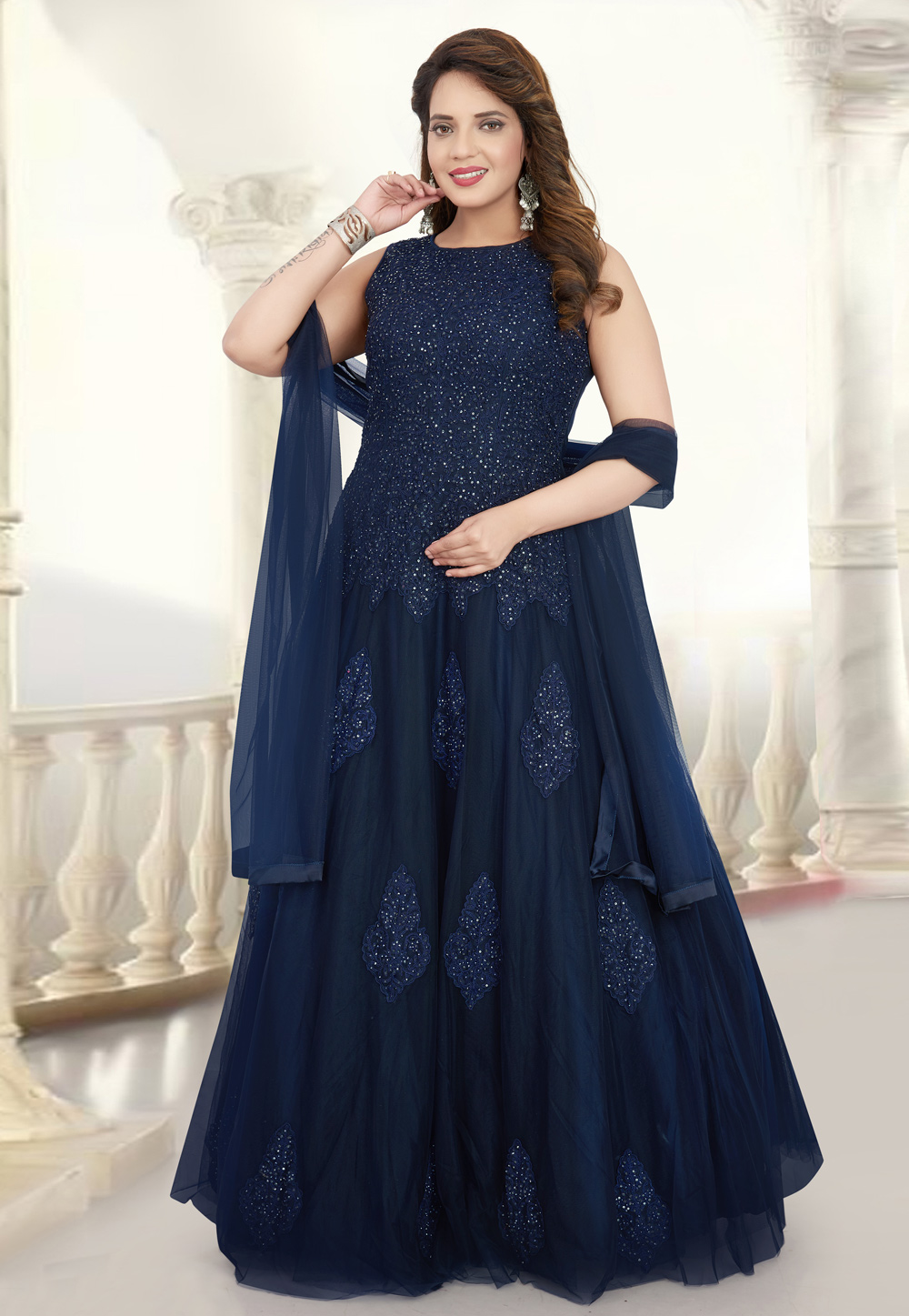 Navy Blue Net Readymade Abaya Style Anarkali Suit 208373
