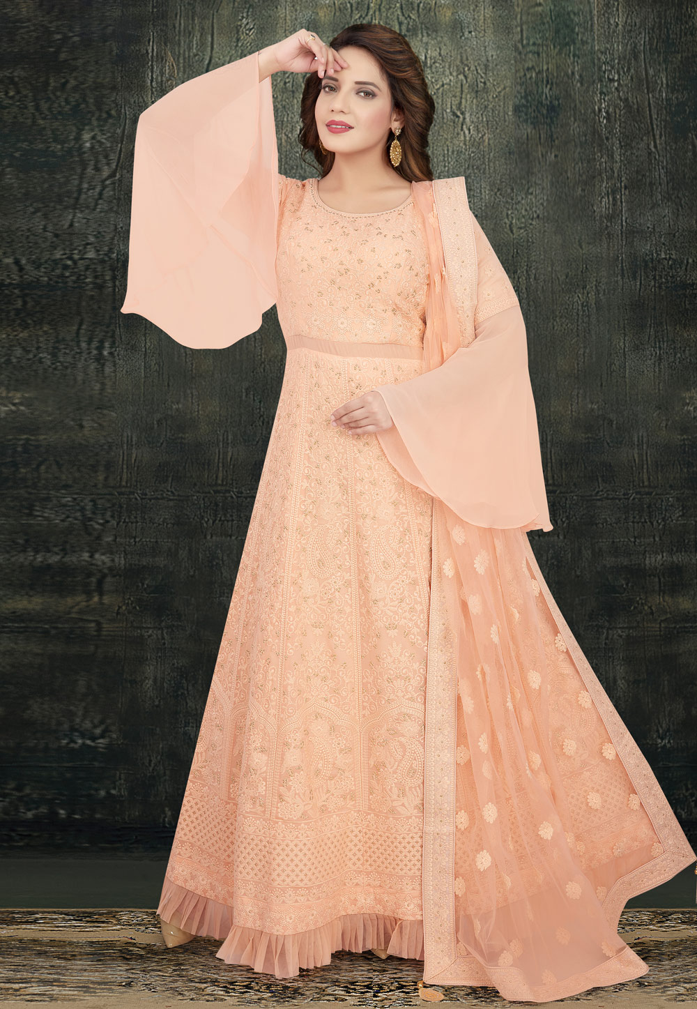 Peach Georgette Readymade Abaya Style Anarkali Suit 208375