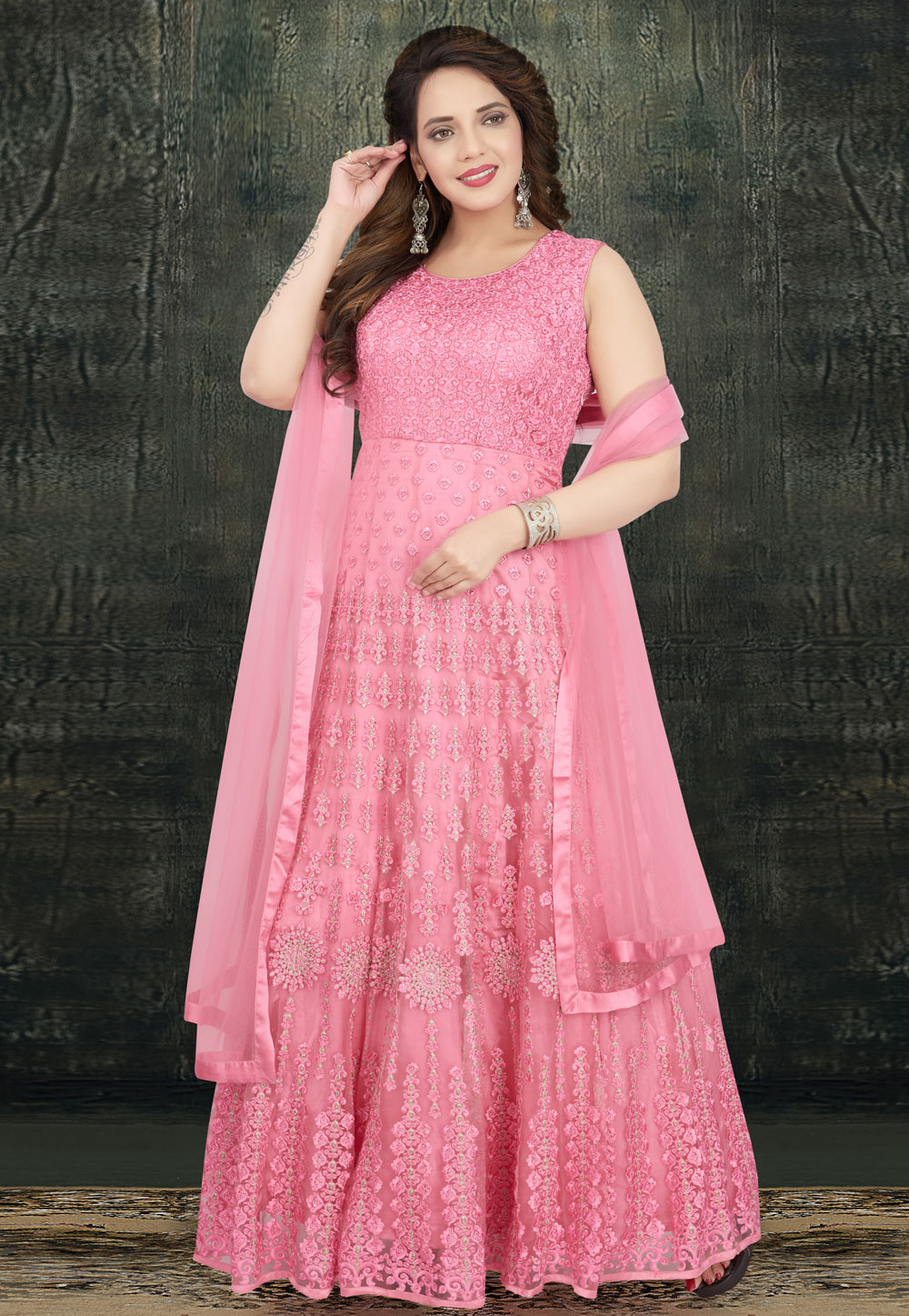 Pink Net Readymade Long Anarkali Suit 208376
