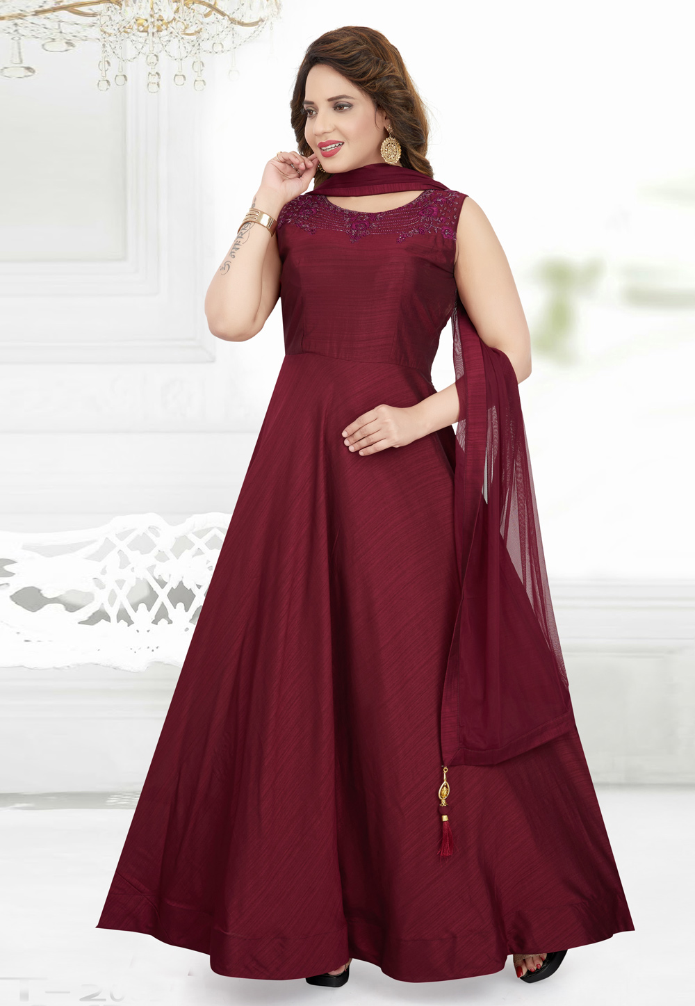 Maroon Silk Readymade Abaya Style Anarkali Suit 208377