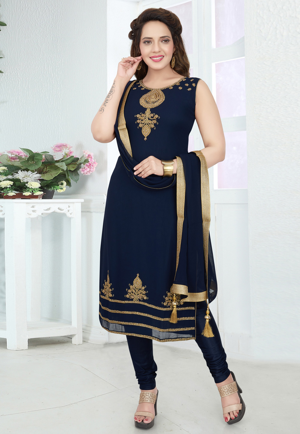 Navy Blue Georgette Readymade Churidar Suit 208771