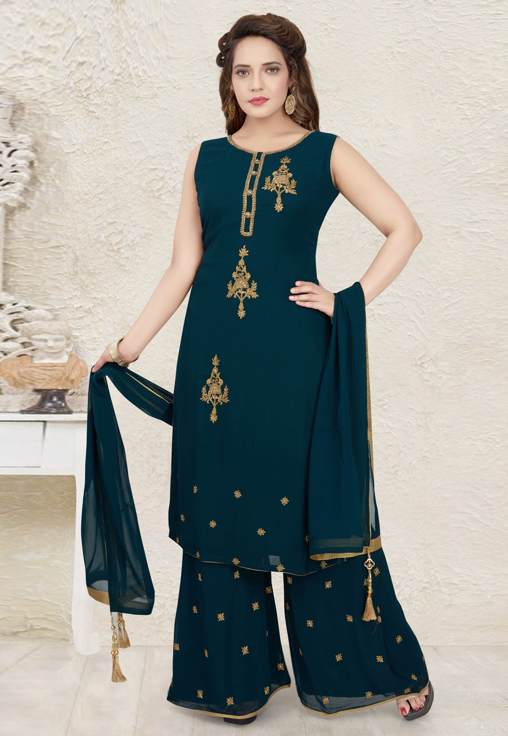Blue Georgette Readymade Kameez With Palazzo 208772