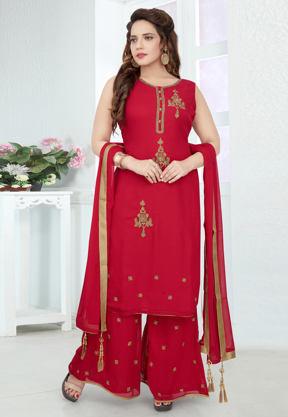 Red Georgette Readymade Palazzo Suit 208773