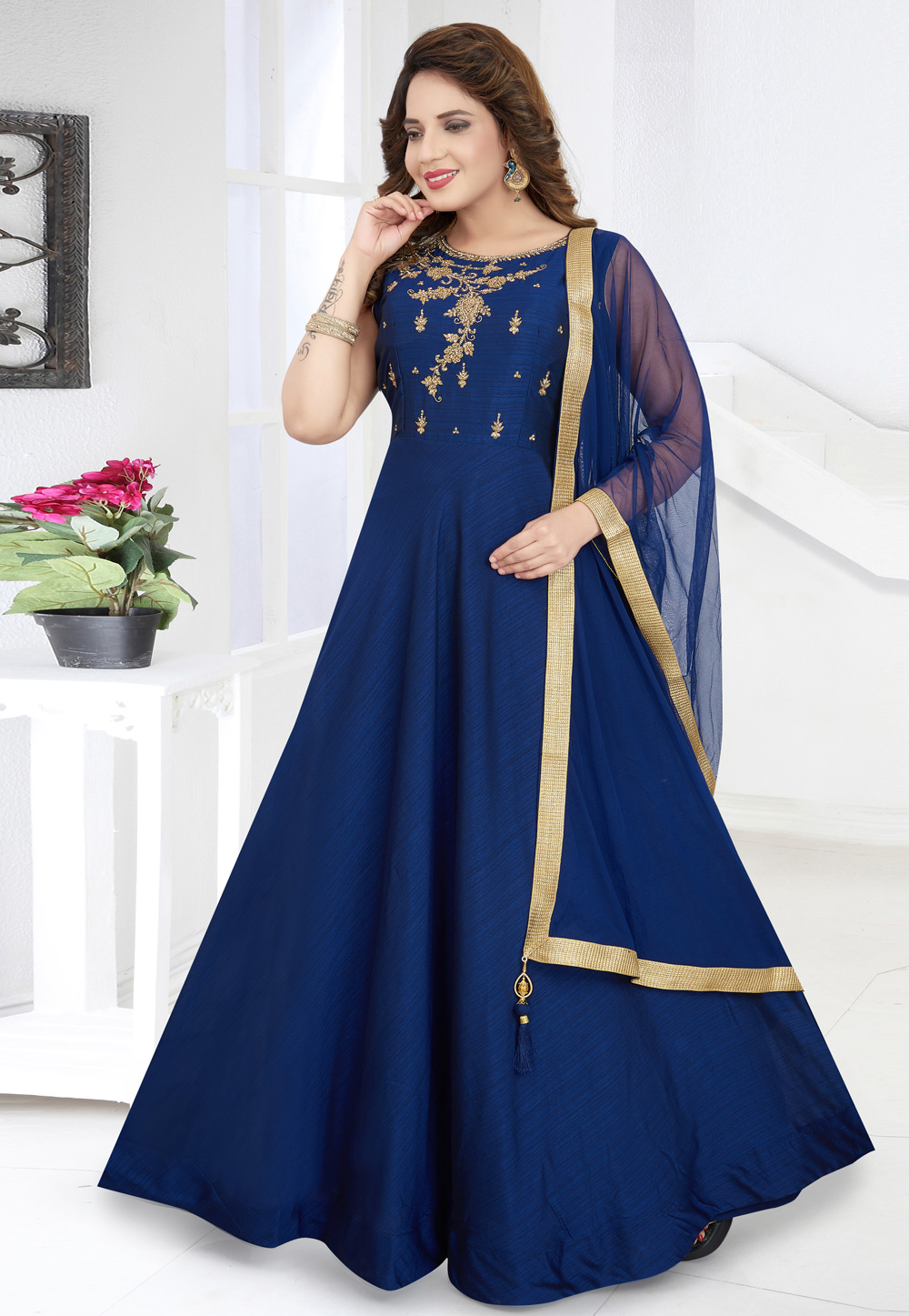 Blue Silk Readymade Long Anarkali Suit 208607
