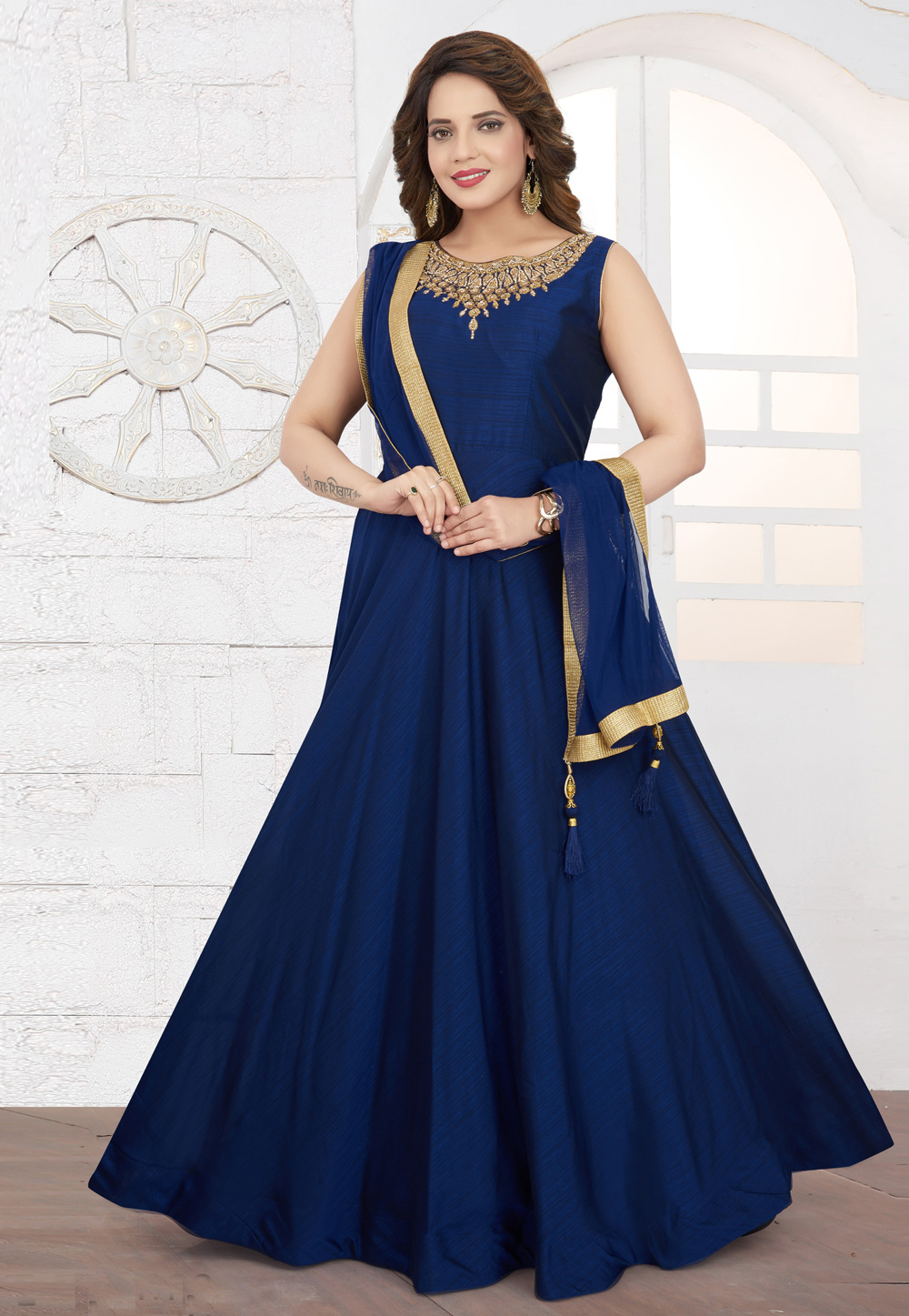 Blue Silk Readymade Abaya Style Anarkali Suit 208379