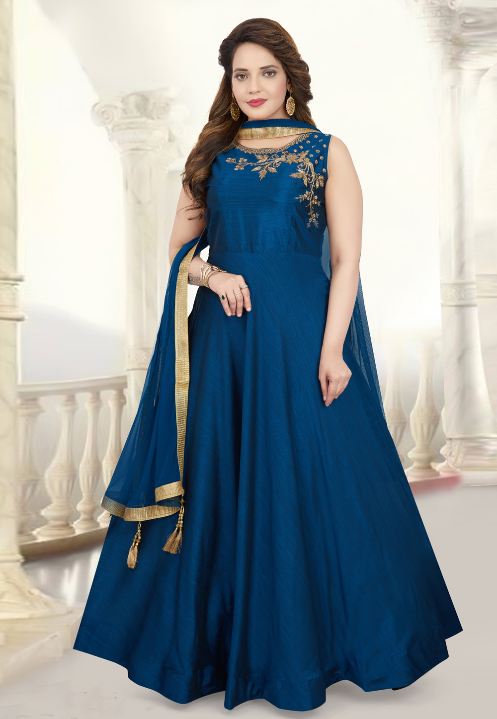 Blue Silk Readymade Floor Length Anarkali Suit 208381