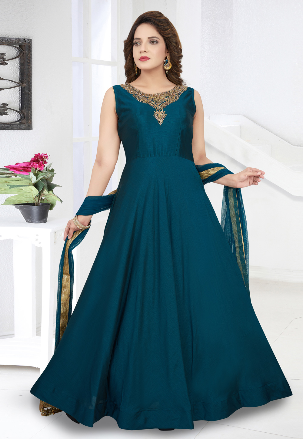 Blue Silk Readymade Ankle Length Anarkali Suit 208610