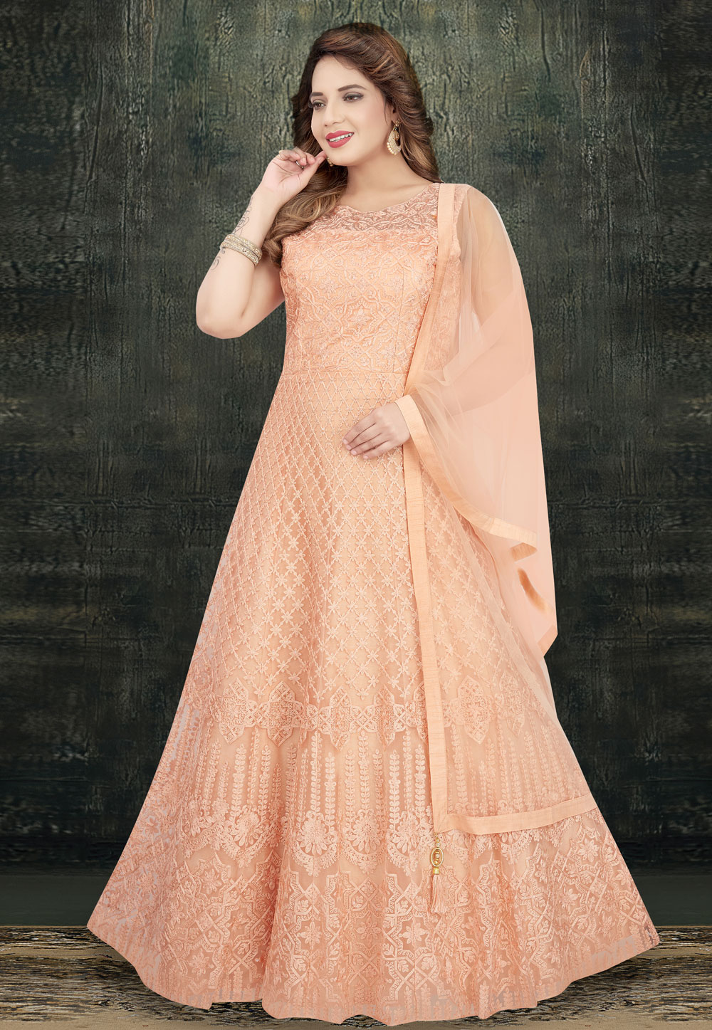 Peach Net Readymade Abaya Style Anarkali Suit 208355