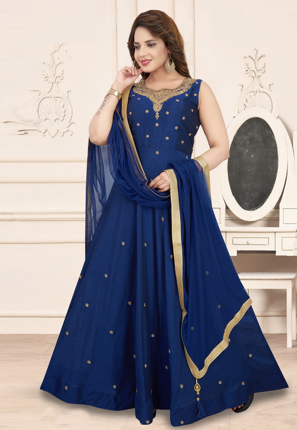 Blue Silk Readymade Floor Length Anarkali Suit 208385